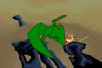 Dragon's Lair II: Time Warp (Amiga) screenshot: ... the fiery dragon came from the sky...