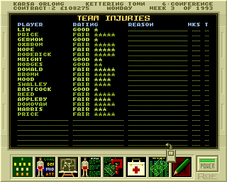 Premier Manager 2 (Amiga) screenshot: Team injuries