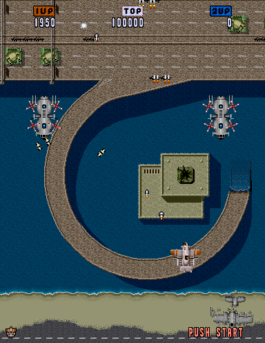 Scramble Spirits (Arcade) screenshot: Those aircraft have a power-ups.