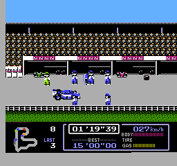 Famicom Grand Prix: F1 Race (NES) screenshot: Pulling into the pit for repairs. Wait! Does that sign say nininini!?