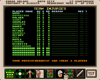 Premier Manager (Amiga) screenshot: Team injuries