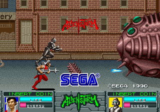 Alien Storm (Arcade) screenshot: 2 players attacking alien saucer (attract mode)