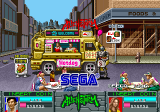 Alien Storm (Arcade) screenshot: Usual day at Alien Burgers...