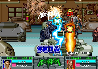 Alien Storm (Arcade) screenshot: 2-player shooting action (attract mode)