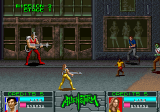 Alien Storm (Arcade) screenshot: Hey green guy, you don't look human to me!