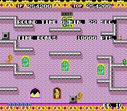 Flicky (Genesis) screenshot: For Sega fans - beat first 10 stages with a perfect score and you'll see a half-naked girl shake her booty at the bottom of the screen