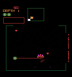 Space Dungeon (Arcade) screenshot: Starting out, firing at an enemy to the right. This is also the direction to travel to the exit, as the "Collect Bonus" indicates