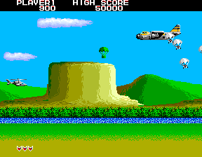 Airwolf (Arcade) screenshot: Shoot the parachuting soldiers..