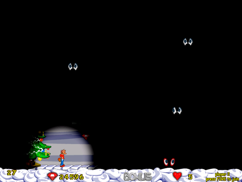Foxy Jumper 2: Winter Adventures (Windows) screenshot: Level 27: darkness. You need to find the lamp to see.