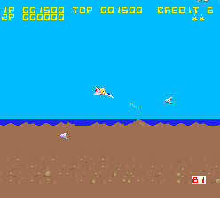 Aeroboto (Arcade) screenshot: Blasting the aliens.