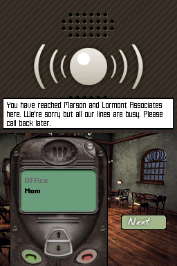 Syberia (Nintendo DS) screenshot: Use your cellphone to check with your boss or call your mom.