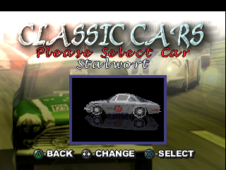 All Star Racing (PlayStation) screenshot: Classic Cars - Select Car - Stalwort