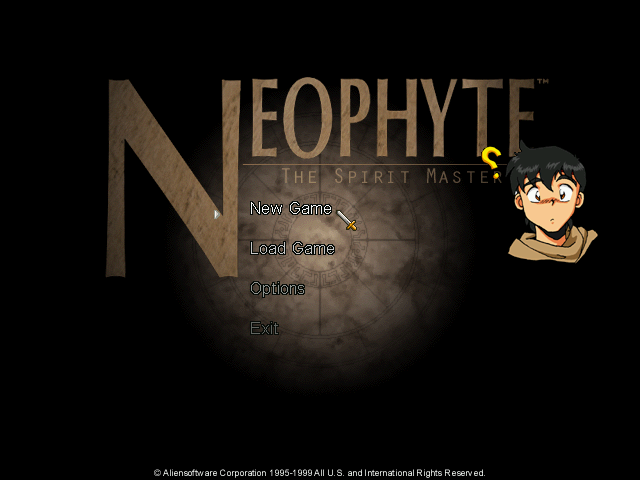 Neophyte: The Spirit Master (Windows) screenshot: The Main Menu. If you idle for too long, you'll see a picture of a confused Thael.