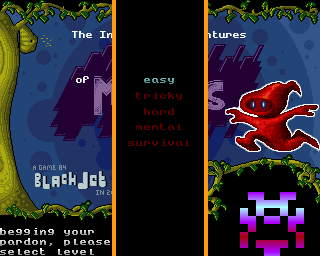 The Incredible Adventures of Moebius Goatlizard (Amiga) screenshot: Choose difficulty level. Eaven "easy" is not very easy.