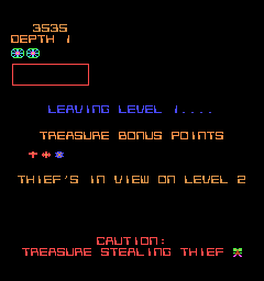 Space Dungeon (Arcade) screenshot: After leaving a level, an overview follows with collected treasures and dangers that lie ahead