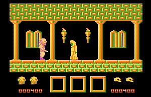 Zbir (Atari 8-bit) screenshot: Statue requires an item to pass on