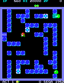 Pengo (Arcade) screenshot: Squashed one.