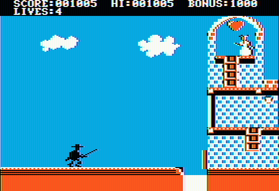 Zorro (Apple II) screenshot: As expected, I can't rescue the girl that easily.