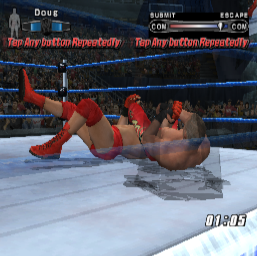 WWE Smackdown vs. Raw 2006 (PlayStation 2) screenshot: During a fight the referee becomes transparent if he gets in the player's line of sight. Also the game prompts the player to take action, as in this case to escape from a hold