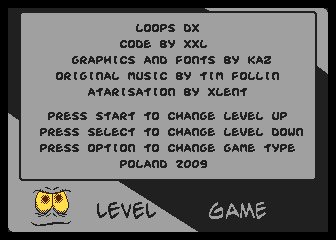Isora / Loops DX (Atari 8-bit) screenshot: Loops DX main menu