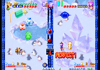 Twinkle Star Sprites (Arcade) screenshot: Flying snowman