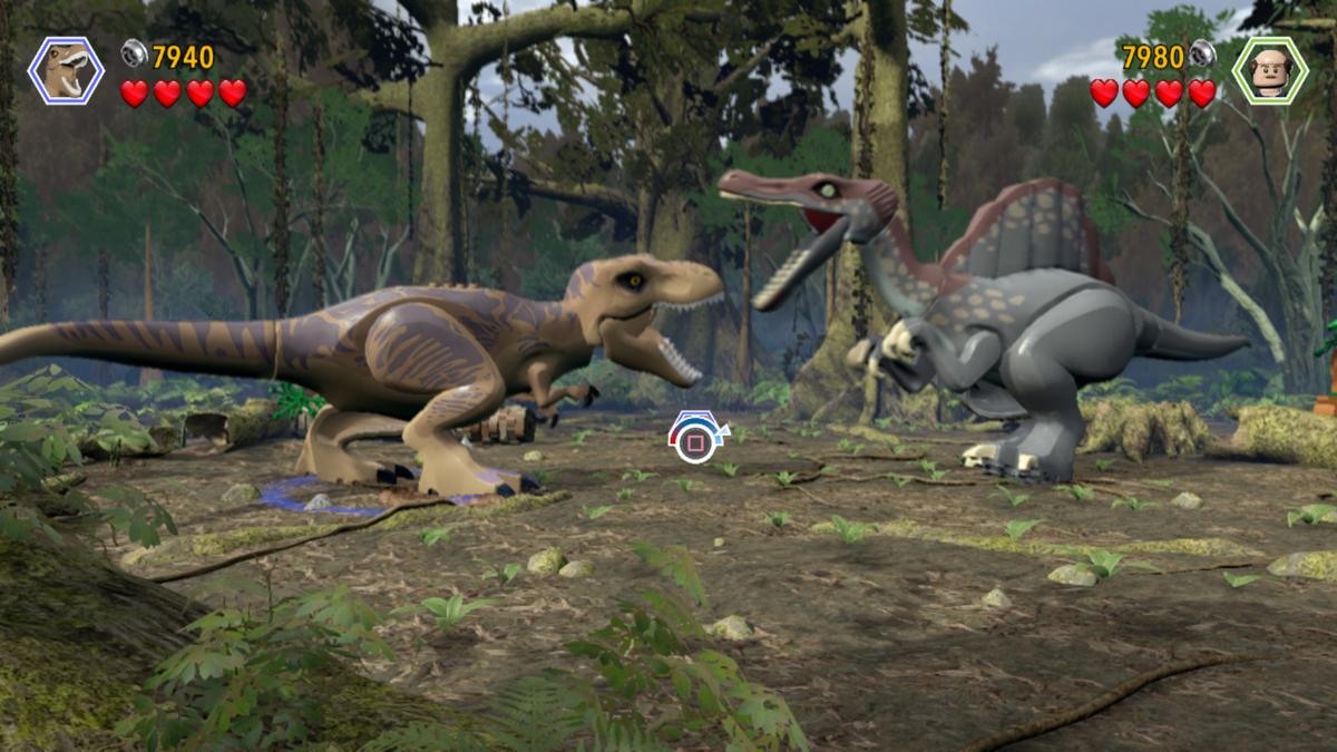 LEGO Jurassic World (PlayStation 3) screenshot: Defeat the other dinosaur in QTE battle