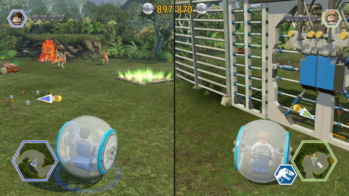 LEGO Jurassic World (PlayStation 3) screenshot: Riding in gyrospheres