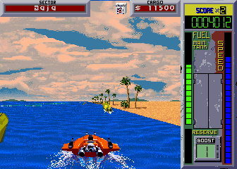 Hydra (Arcade) screenshot: Zooming along the beach.