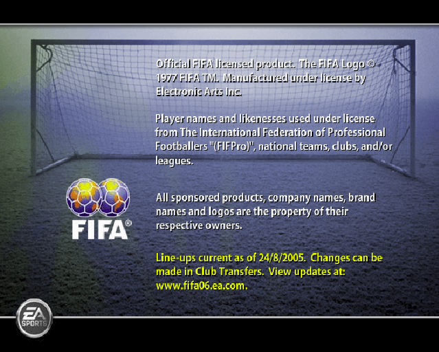 FIFA Soccer 06 (PlayStation 2) screenshot: When the game starts there's the usual message about memory cards and that is followed by this screen which shows when the database was up to date