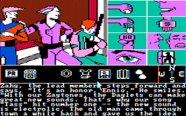 Tass Times in Tonetown (PC Booter) screenshot: The band members reveal the secret of their <em>electrolic</em> sound (composite monitor)