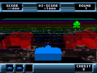 The Invaders: Space Invaders 1500 (PlayStation) screenshot: Only one alien left now (Space Invaders 3D)