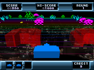 The Invaders: Space Invaders 1500 (PlayStation) screenshot: UFO appears (Space Invaders 3D)