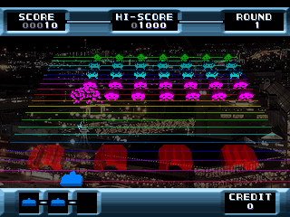 The Invaders: Space Invaders 1500 (PlayStation) screenshot: Almost top down view (Space Invaders 3D)