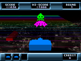 The Invaders: Space Invaders 1500 (PlayStation) screenshot: The <a href="http://www.mobygames.com/game/arcade/space-invaders-part-ii/screenshots/gameShotId,652973/">cutscenes</a> from Part II return (Space Invaders 3D)