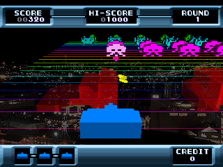 The Invaders: Space Invaders 1500 (PlayStation) screenshot: Taking cover (Space Invaders 3D)
