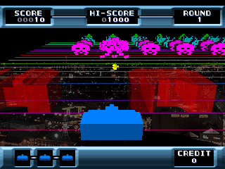 The Invaders: Space Invaders 1500 (PlayStation) screenshot: Shooting at an alien (Space Invaders 3D)