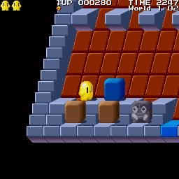 Flappy 2: The resurrection of Blue Star (Sharp X68000) screenshot: Throwing the grey mushroom at enemies turns them into stone blocks