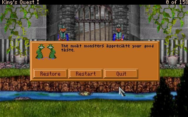 King's Quest: Quest for the Crown (Windows) screenshot: Nice to know you still can die by throwing yourself in the moat. They changed the crocodiles into sea monster...there's a short funny animation too