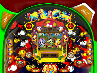 Hissatsu Pachinko Station Now 3 (PlayStation) screenshot: The first table. To make the central reels spin steel balls must drop into the gap between the two small orange quadrants that are just above the word START in the lower centre of the screen