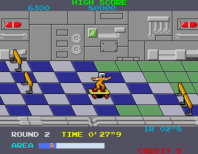 Metro Cross (Arcade) screenshot: Using a skateboard.