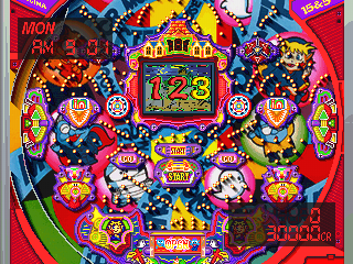 Hissatsu Pachinko Station: Monster House Special (PlayStation) screenshot: The triangle brings up current game stats. Top left is the game date & time, lower right shows we have 30k in credit and have fed the machine nothing, yet