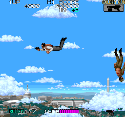 Sly Spy: Secret Agent (Arcade) screenshot: Shot the man.