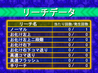 Hissatsu Pachinko Station: Monster House Special (PlayStation) screenshot: Pressing the cross key brings up a menu from which game stats can be accessed.