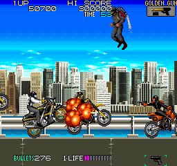Sly Spy: Secret Agent (Arcade) screenshot: Pulling a wheelie to shoot up.