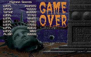 NY Warriors (Amiga) screenshot: Game over and high score list.