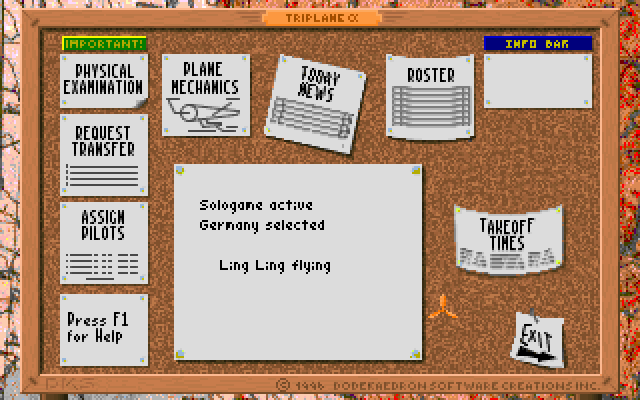 Triplane Turmoil (DOS) screenshot: The main game menu is quite cleverly done.