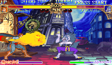 Darkstalkers: The Night Warriors (Arcade) screenshot: Beefed up fireball by Demitri. Talbain unfortunately blocks it.