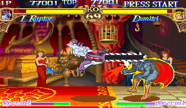 Darkstalkers: The Night Warriors (Arcade) screenshot: And here we have a "Jumping Zombie Chainsaw Attack" performed against the vampire character of the game. And again, it's just a standard move.