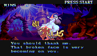 Darkstalkers: The Night Warriors (Arcade) screenshot: After a win, the obligatory winning quote.