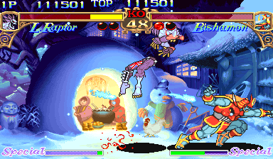 Darkstalkers: The Night Warriors (Arcade) screenshot: Lord Raptor sliced in two by Bishamon